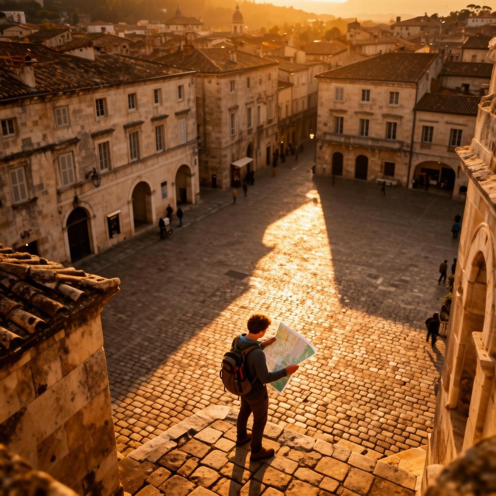 Traveler discovering a historic European city at golden hour